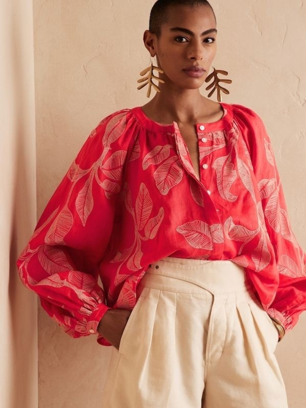 Banana Republic Coral Leaf-Print Balloon-Sleeve Blouse